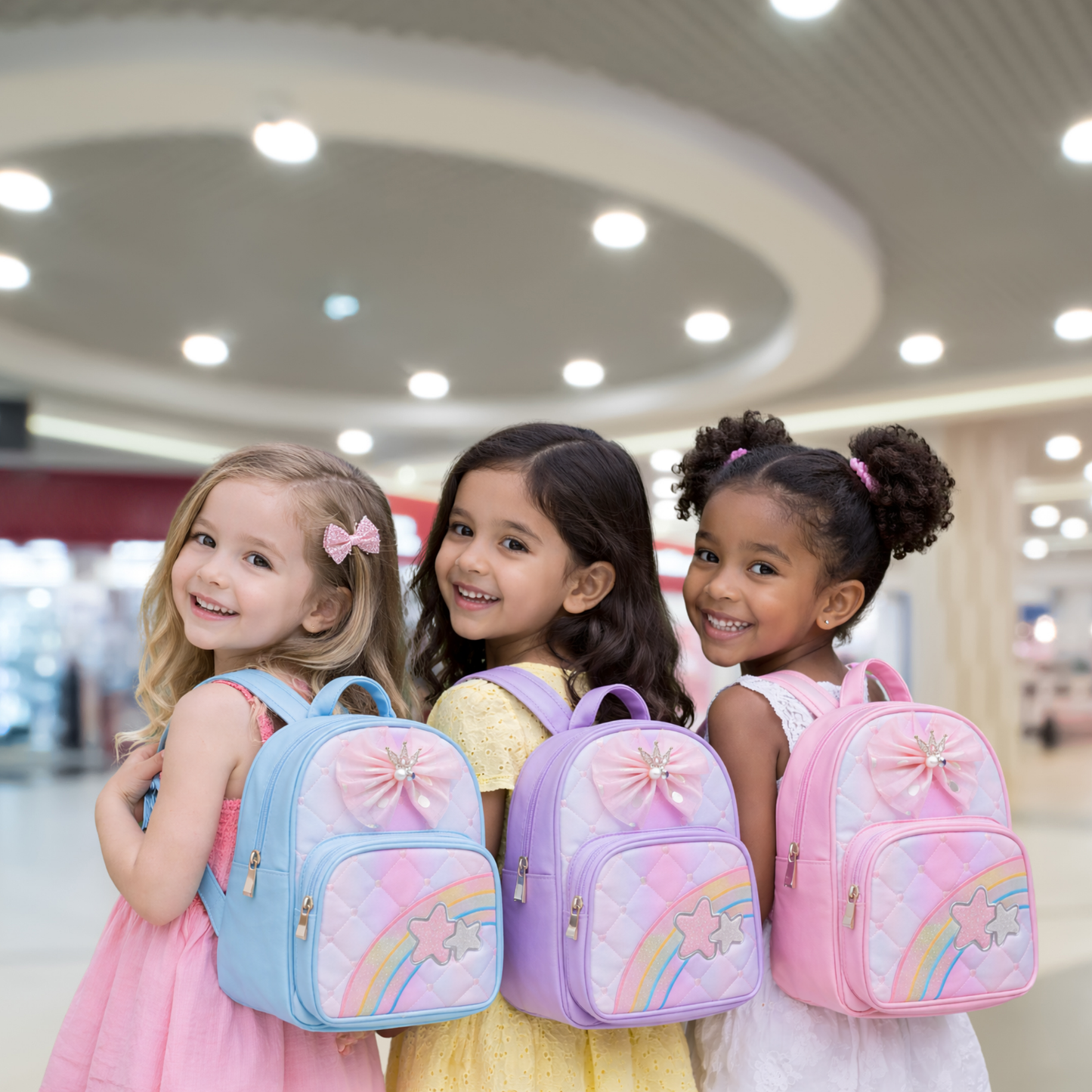 Kids Girls Backpack with Rainbow & Star Design, Quilted School Bag for Girls