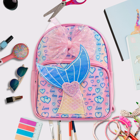 Girls Mermaid Backpack with Bow, Cute Pink School Bag for Kids, Glitter Tail Design, Lightweight Travel & Preschool Bag