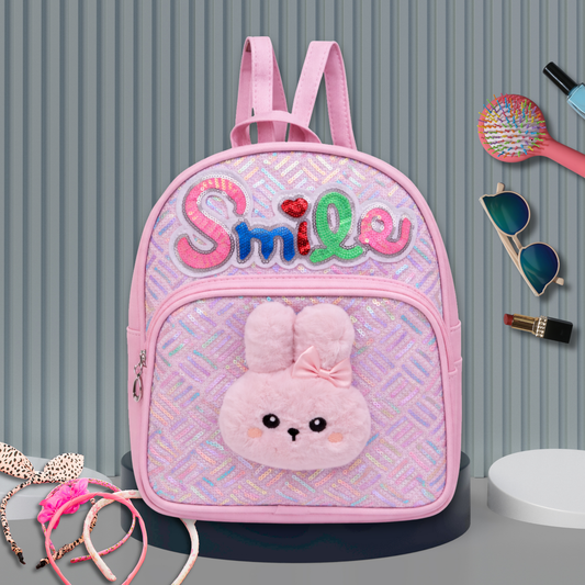 Girls Smile Sequin Backpack with Cute Bunny Plush | Light Kids School Bag | Stylish Mini Backpack for Toddlers & Primary Students | Mini Travel School Bag with Zip Pocket