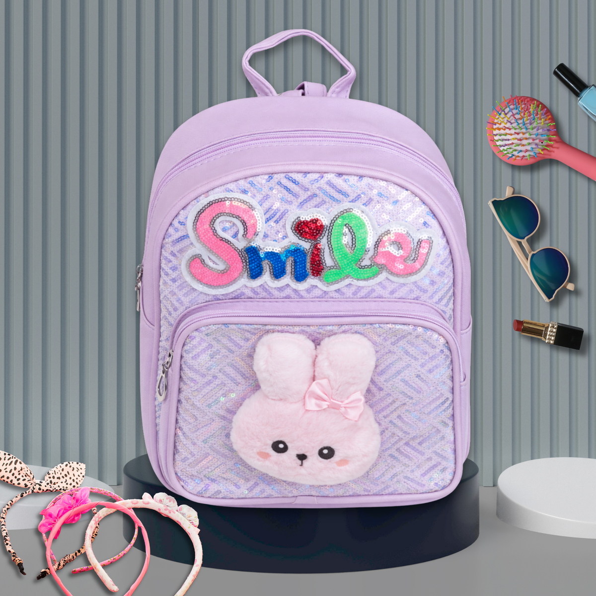 Girls Smile Sequin Backpack with Cute Bunny Plush | Light Kids School Bag | Stylish Mini Backpack for Toddlers & Primary Students | Mini Travel School Bag with Zip Pocket