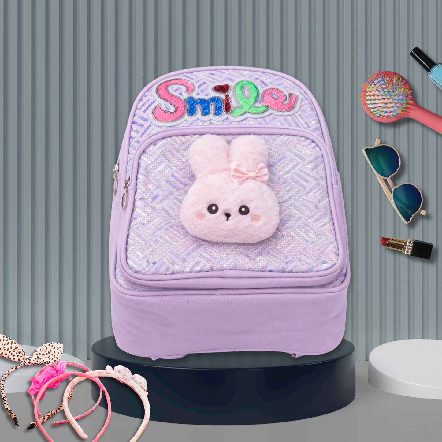 Girls Smile Sequin Backpack with Cute Bunny Plush | Light Kids School Bag | Stylish Mini Backpack for Toddlers & Primary Students | Mini Travel School Bag with Zip Pocket