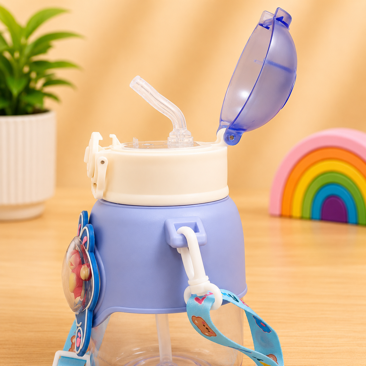 Transparent Bear Character Water Bottle with Carry Strap – Cute Reusable Drinking Bottle - 600ml