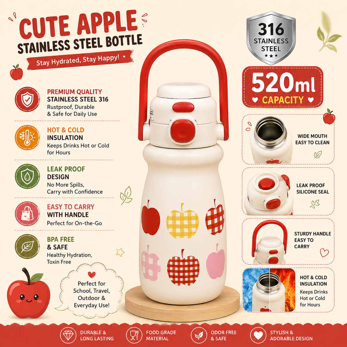 Portable Printed Water Bottle with Carry Handle & Secure Flip Lid – Stylish Everyday Hydration Bottle - 500ml