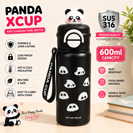 Vaidira Cute Panda Water Bottle | Leak-Proof | Flip Cap & Strap 600 ml Stainless Steel Sipper