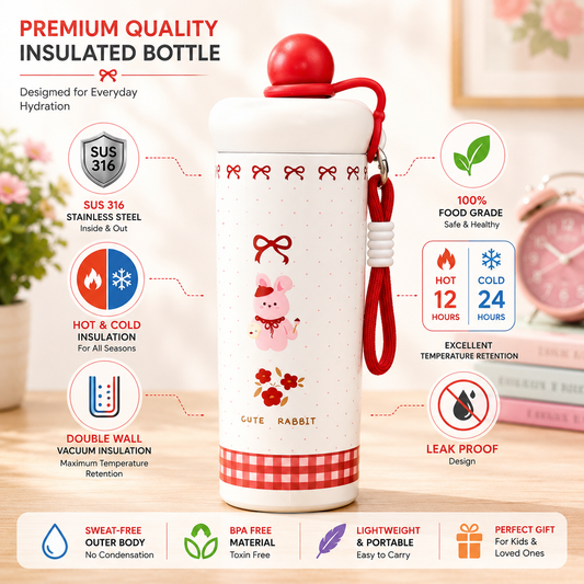 Korean-Inspired Character Water Bottle with Carry Strap | Reusable Printed Drinking Bottle for Everyday Use, School, Office & Travel - 600ml