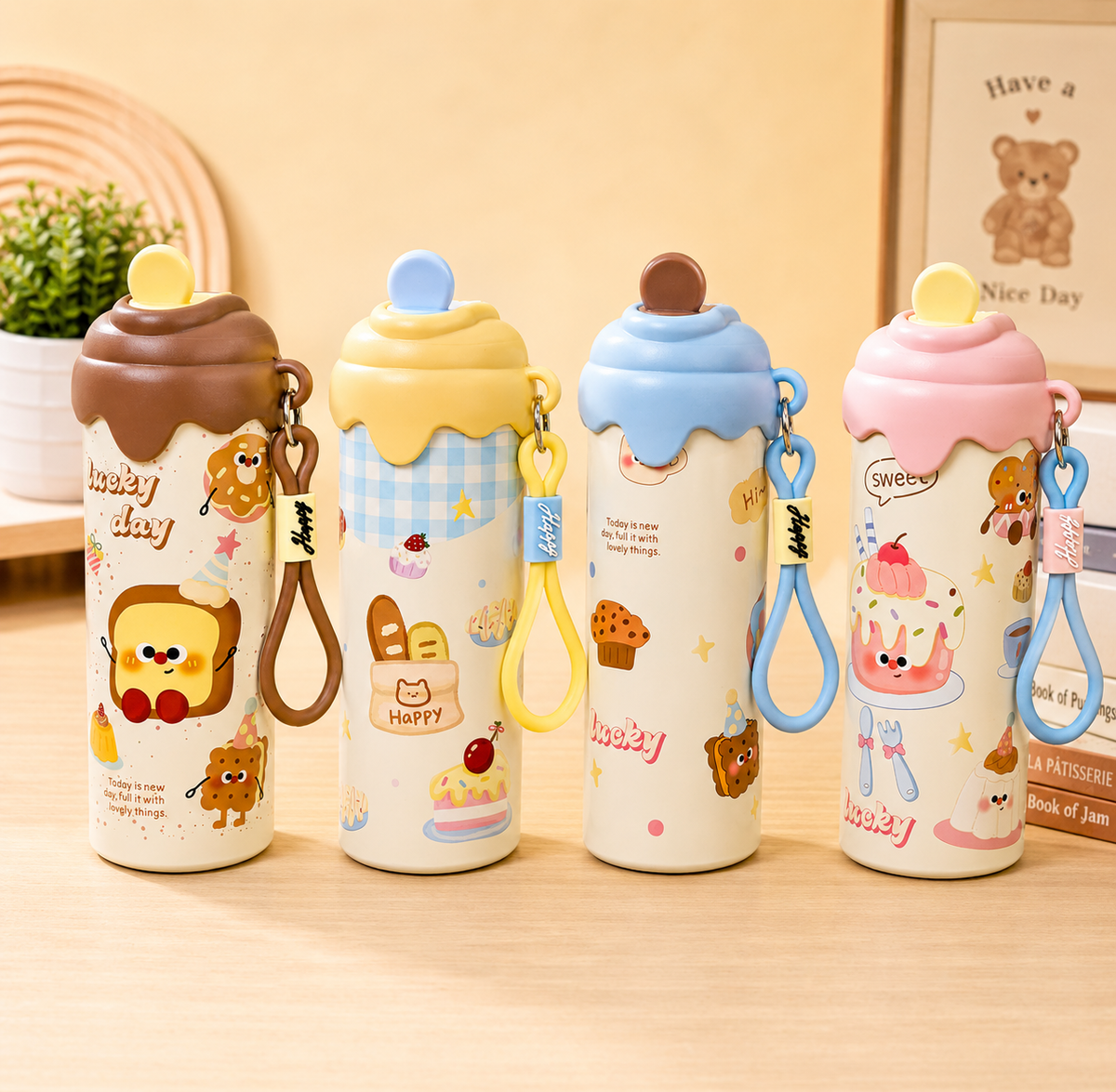 Cute Cartoon Water Bottle with Carrying Strap & Stylish Lid | Reusable Drinking Bottle for All Ages | School, Office, Travel & Daily Use