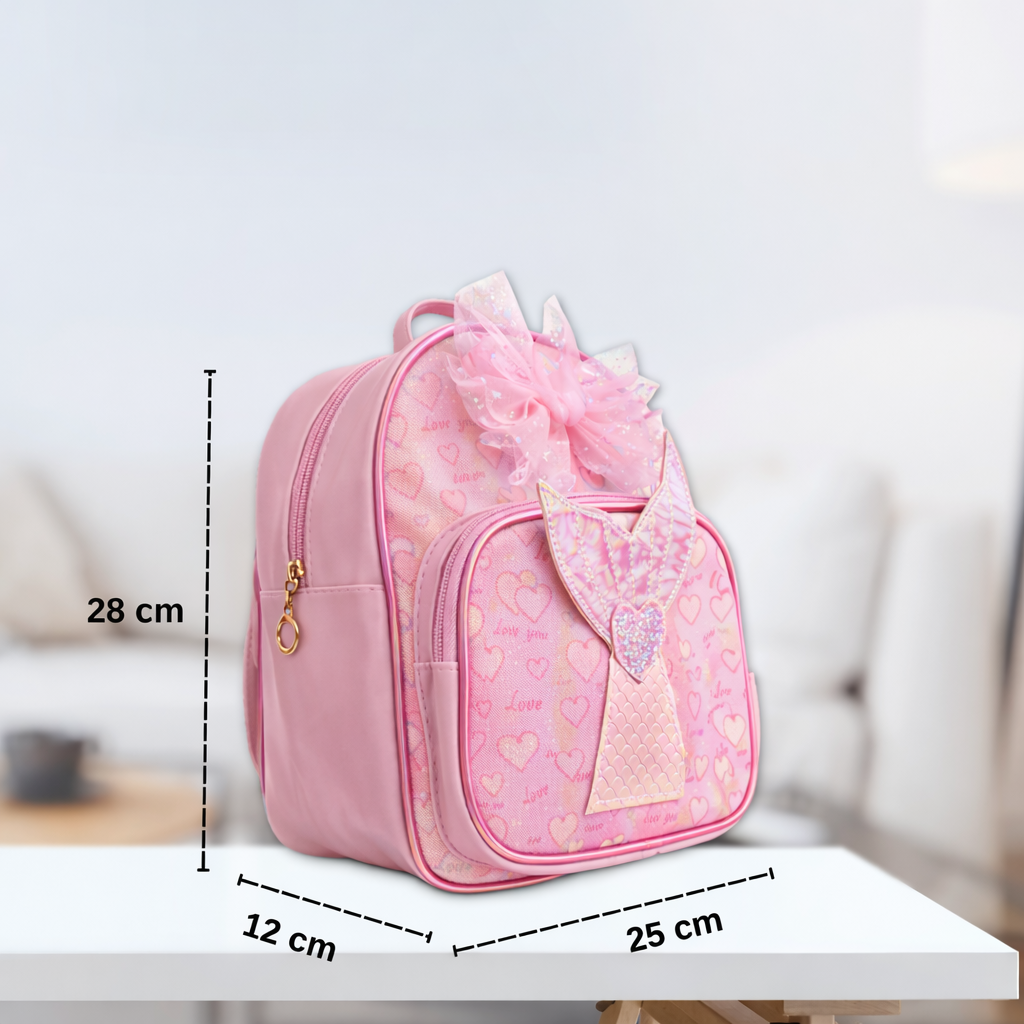 Girls Mermaid Backpack with Bow, Cute Pink School Bag for Kids, Glitter Tail Design, Lightweight Travel & Preschool Bag