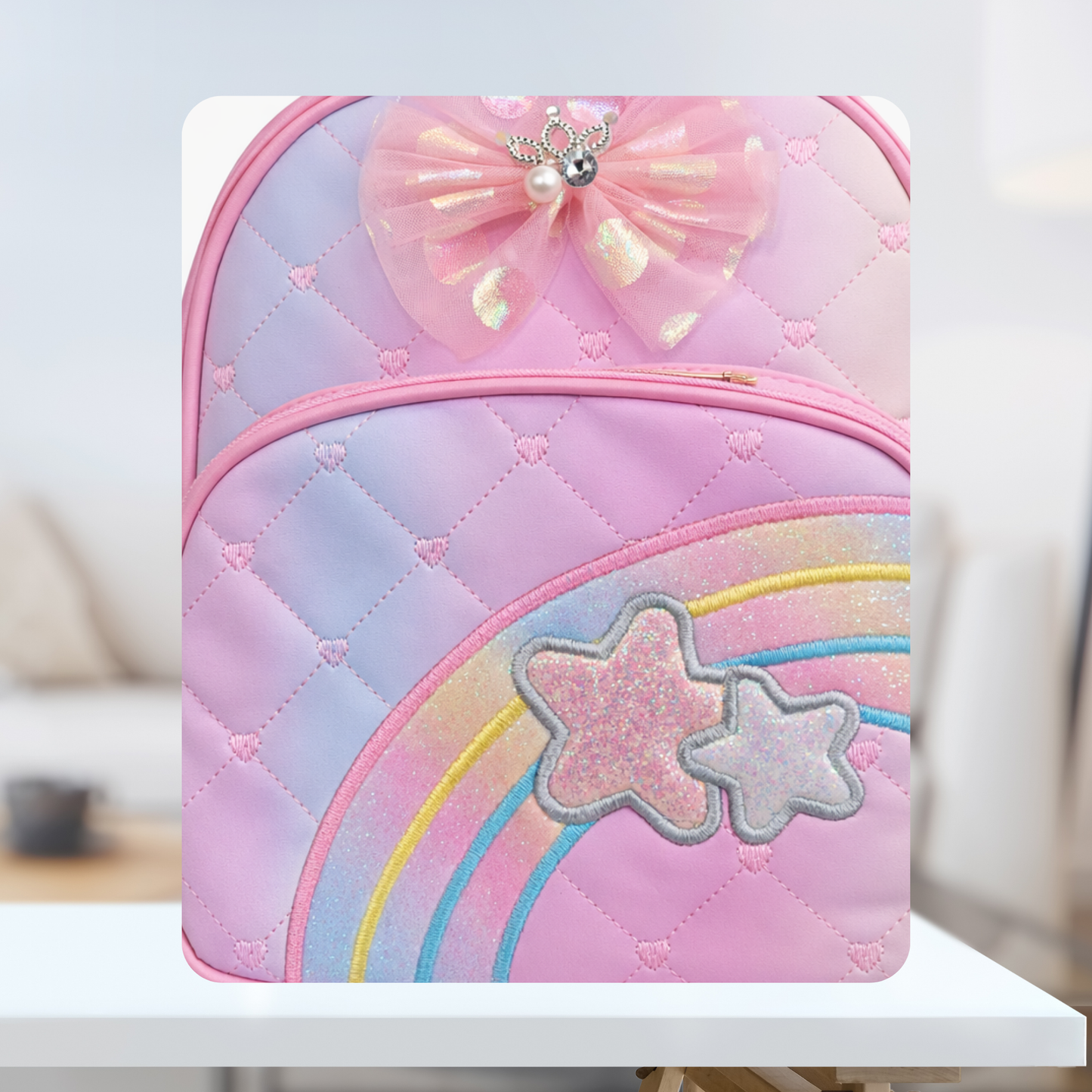 Kids Girls Backpack with Rainbow & Star Design, Quilted School Bag for Girls