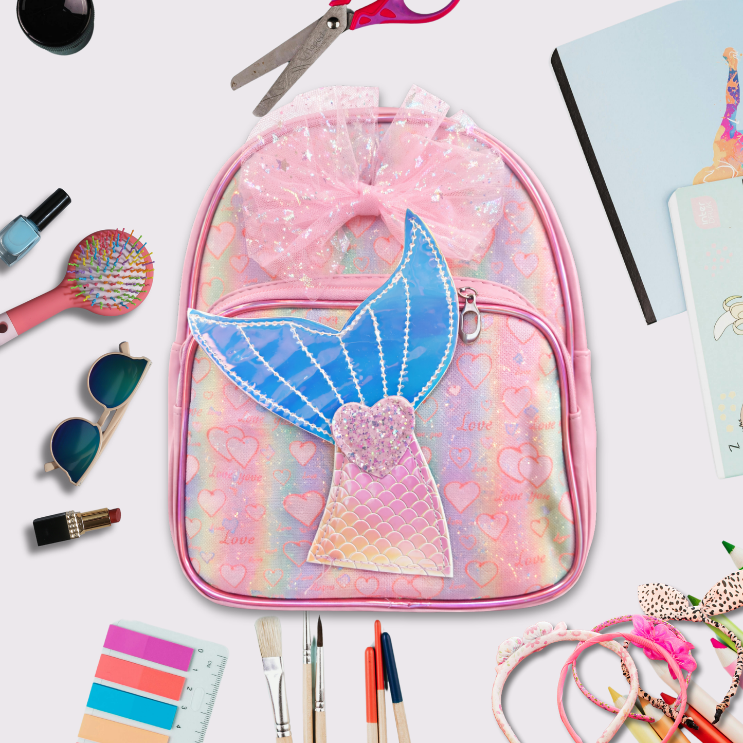 Girls Mermaid Backpack with Bow, Cute Pink School Bag for Kids, Glitter Tail Design, Lightweight Travel & Preschool Bag