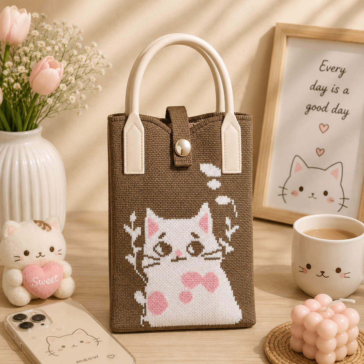 Crossbody Mobile Sling Bag for Women – Cute Utility Bag for Girls & Women, Stylish Phone Pouch with Strap & Silicone Handle, Keychain, Coin, Cosmetics Purse