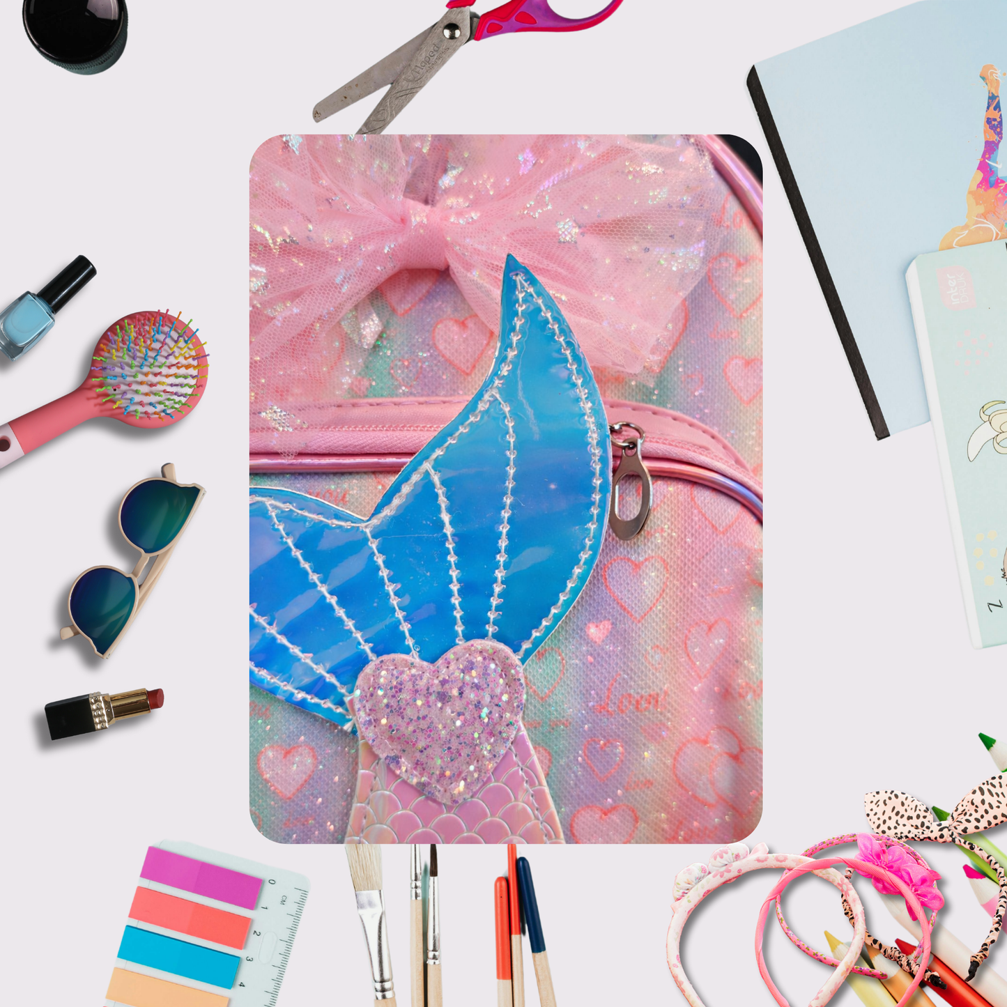 Girls Mermaid Backpack with Bow, Cute Pink School Bag for Kids, Glitter Tail Design, Lightweight Travel & Preschool Bag