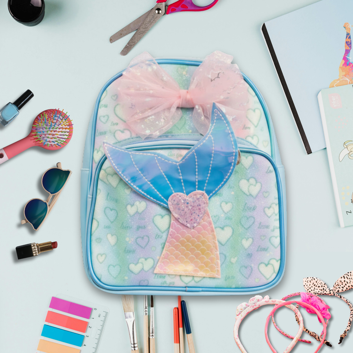 Girls Mermaid Backpack with Bow, Cute Pink School Bag for Kids, Glitter Tail Design, Lightweight Travel & Preschool Bag