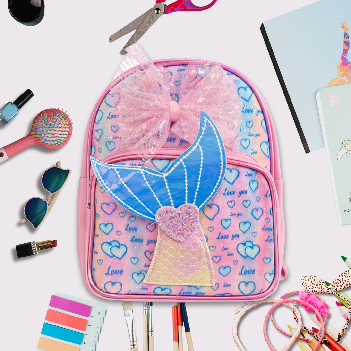 Girls Mermaid Backpack with Bow, Cute Pink School Bag for Kids, Glitter Tail Design, Lightweight Travel & Preschool Bag