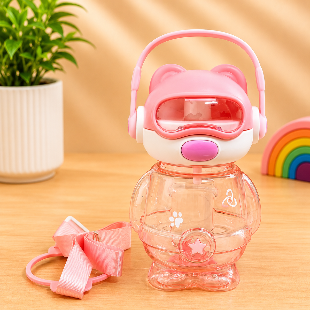 Cute Robot Design Water Bottle with Straw & Carry Handle – Reusable Kids Drinking Bottle - 700ml