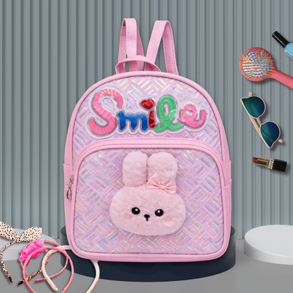Girls Smile Sequin Backpack with Cute Bunny Plush | Light Kids School Bag | Stylish Mini Backpack for Toddlers & Primary Students | Mini Travel School Bag with Zip Pocket