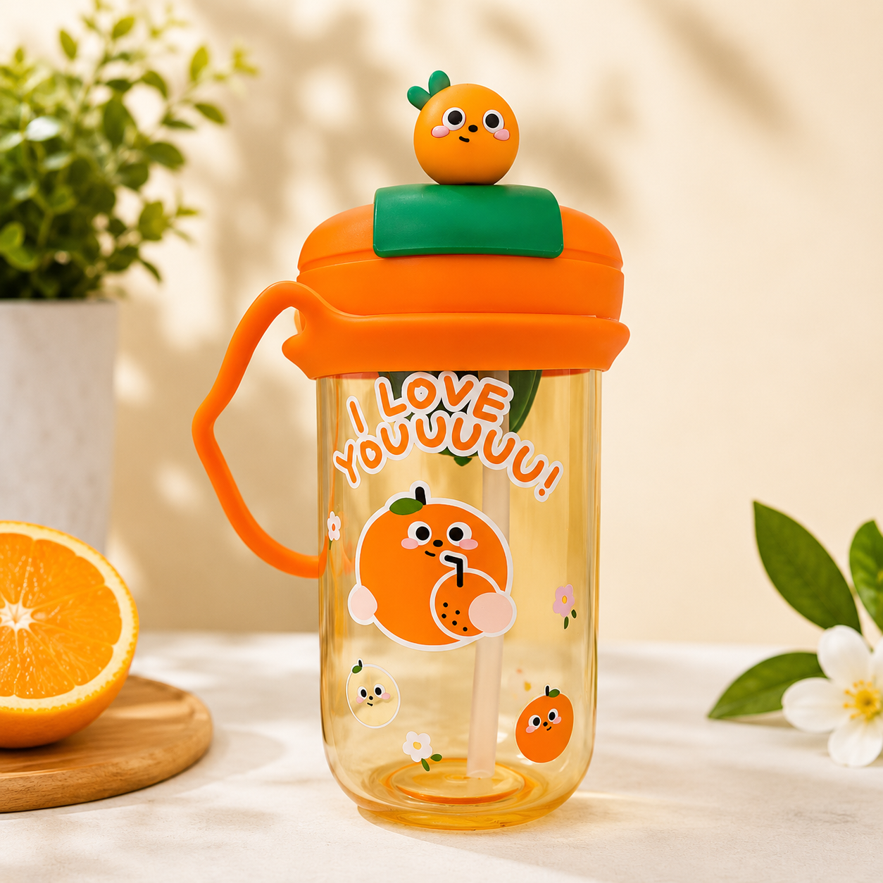 Water Bottle with Straw & Carry Handle, Fruit Infuser Bottle, BPA free 450ml, Silicon Sipper