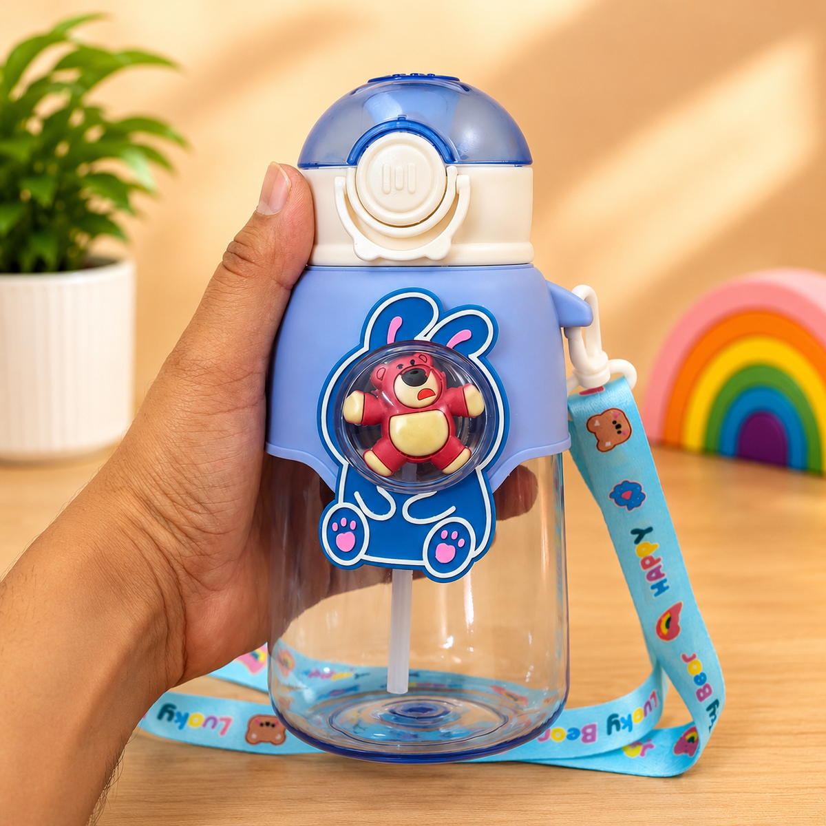 Transparent Bear Character Water Bottle with Carry Strap – Cute Reusable Drinking Bottle - 600ml