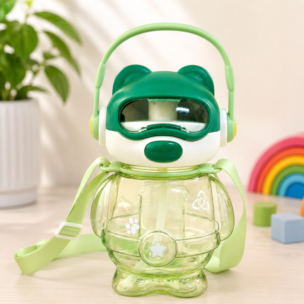 Cute Robot Design Water Bottle with Straw & Carry Handle – Reusable Kids Drinking Bottle - 700ml