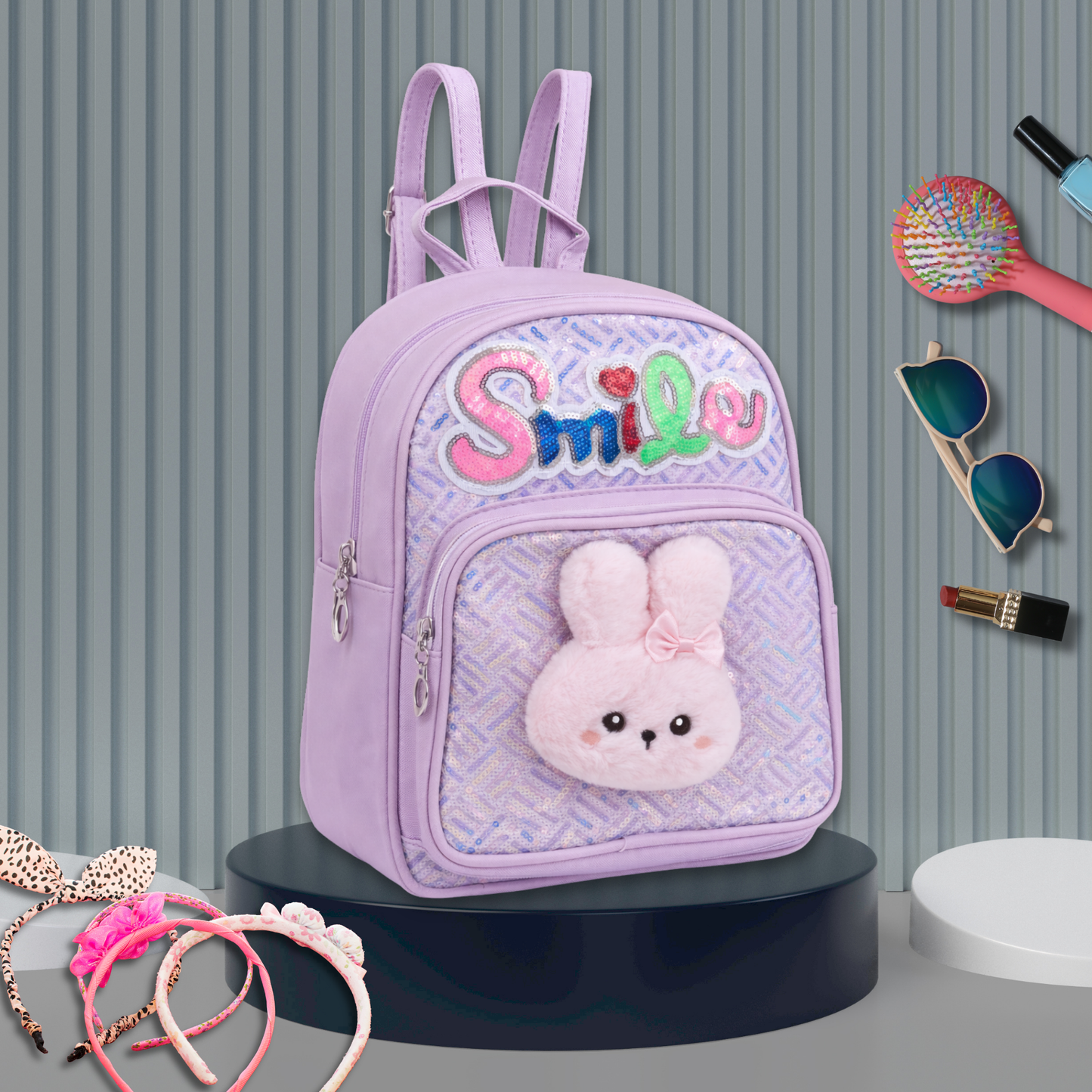 Girls Smile Sequin Backpack with Cute Bunny Plush | Light Kids School Bag | Stylish Mini Backpack for Toddlers & Primary Students | Mini Travel School Bag with Zip Pocket