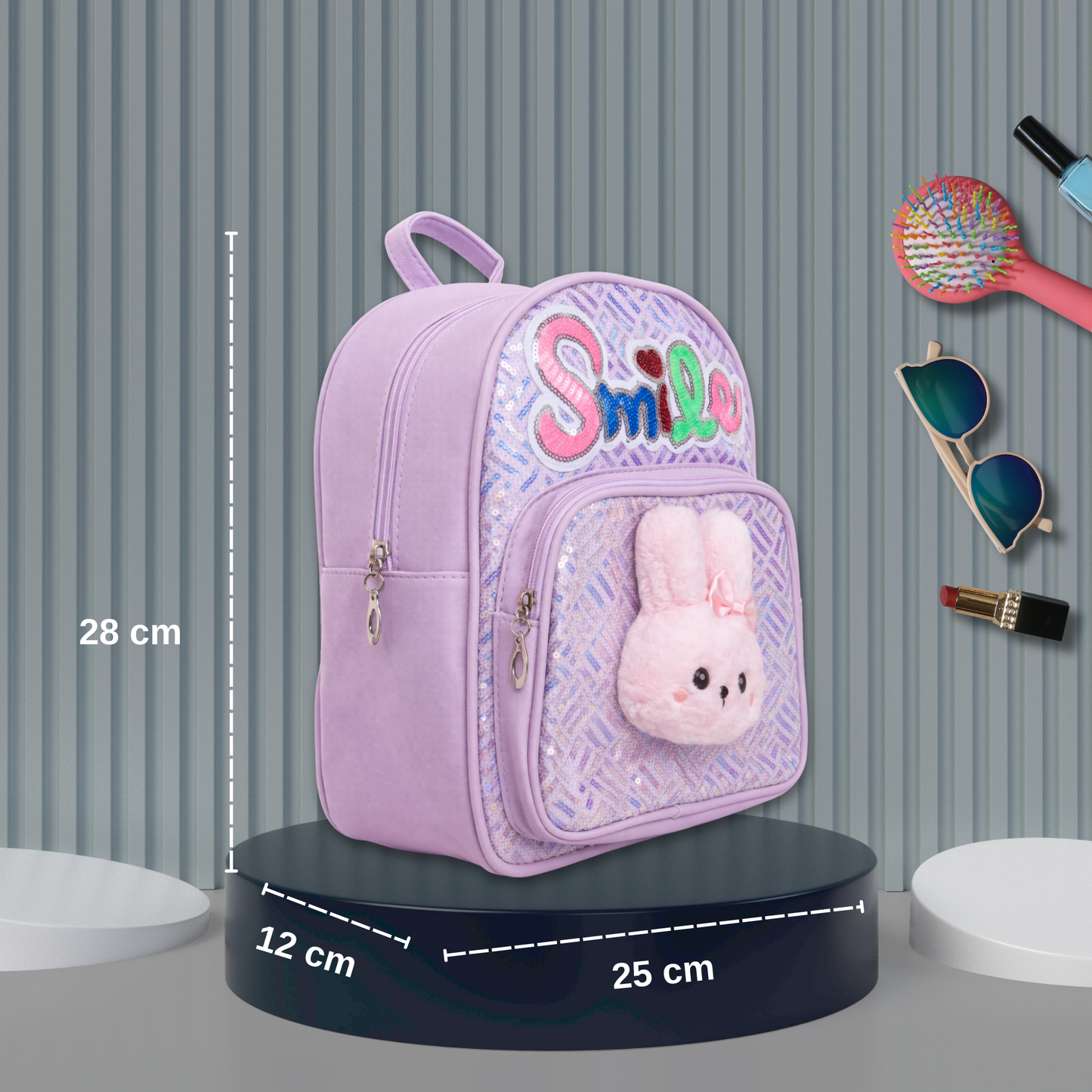 Girls Smile Sequin Backpack with Cute Bunny Plush | Light Kids School Bag | Stylish Mini Backpack for Toddlers & Primary Students | Mini Travel School Bag with Zip Pocket
