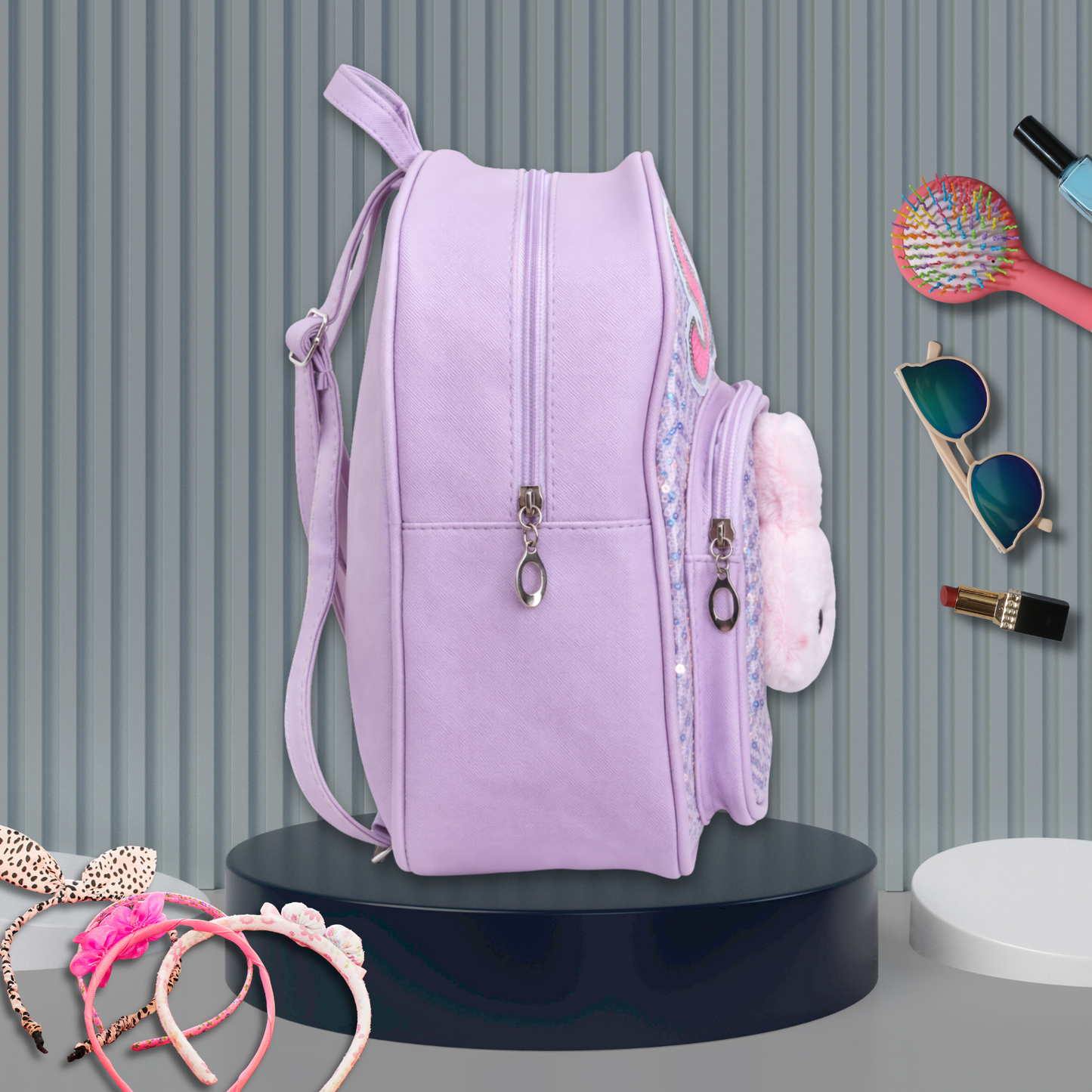 Girls Smile Sequin Backpack with Cute Bunny Plush | Light Kids School Bag | Stylish Mini Backpack for Toddlers & Primary Students | Mini Travel School Bag with Zip Pocket