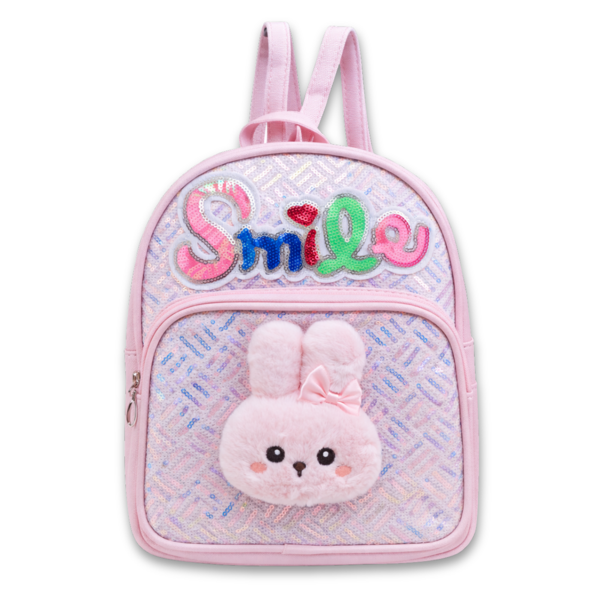 Girls Smile Sequin Backpack with Cute Bunny Plush | Light Kids School Bag | Stylish Mini Backpack for Toddlers & Primary Students | Mini Travel School Bag with Zip Pocket