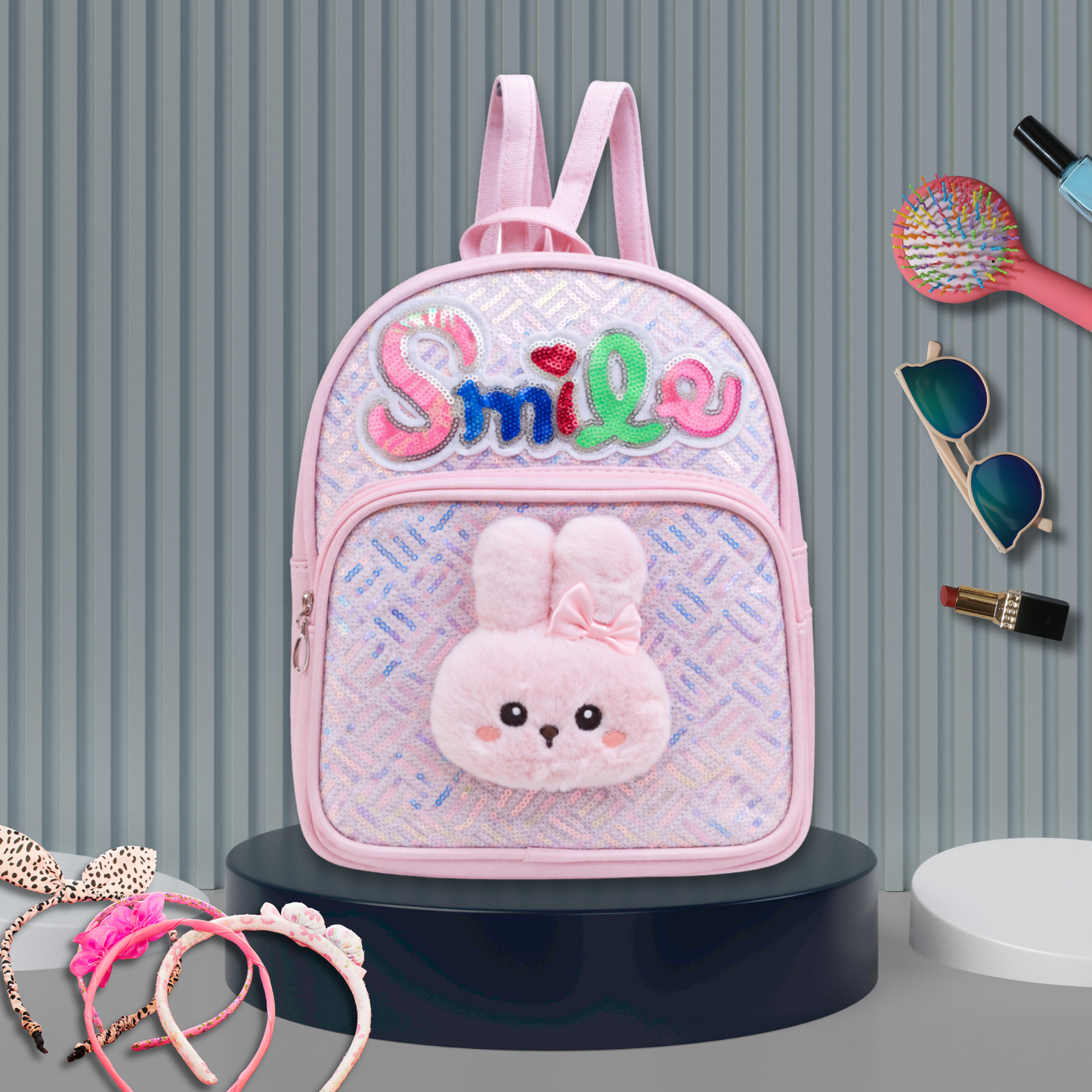 Girls Smile Sequin Backpack with Cute Bunny Plush | Light Kids School Bag | Stylish Mini Backpack for Toddlers & Primary Students | Mini Travel School Bag with Zip Pocket