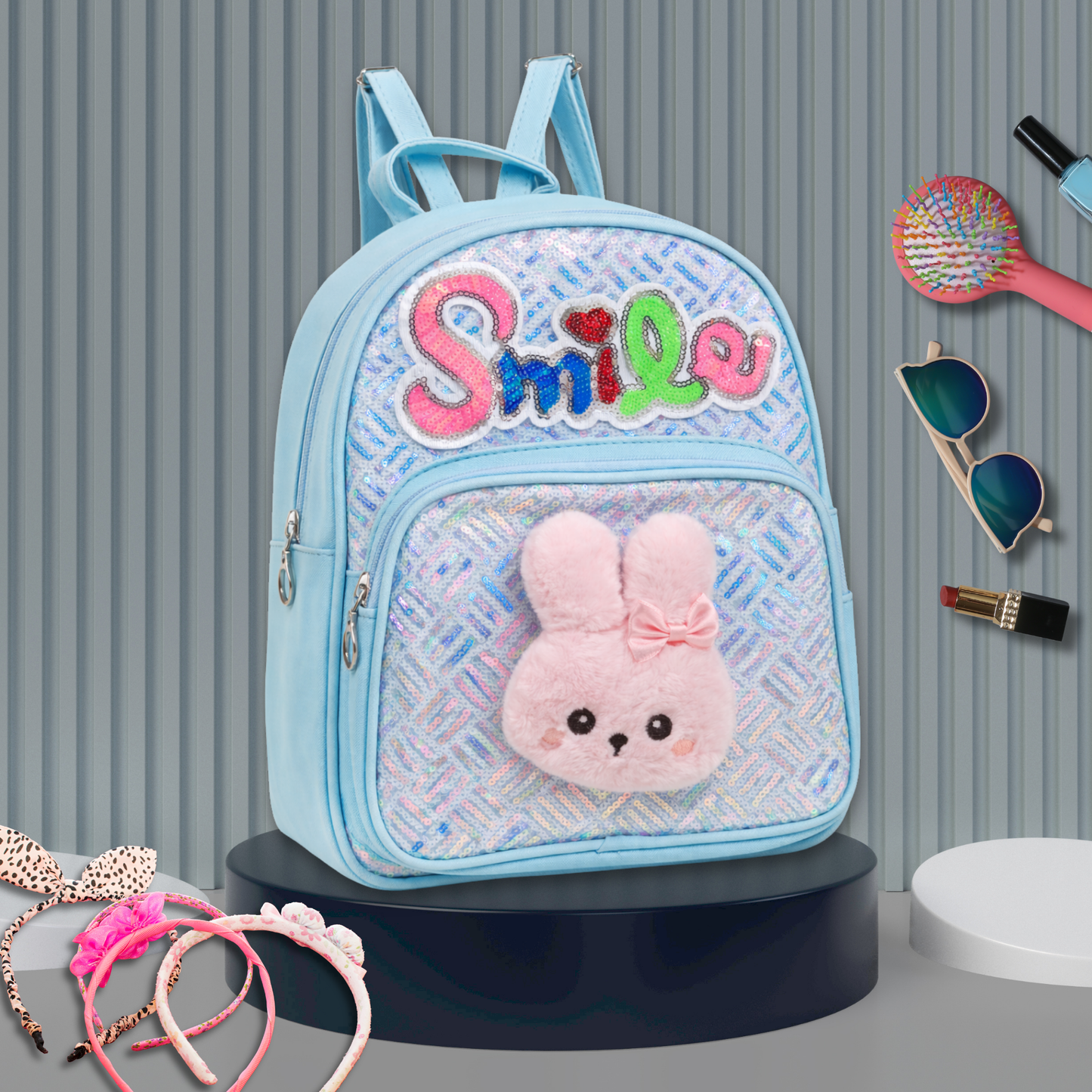 Girls Smile Sequin Backpack with Cute Bunny Plush | Light Kids School Bag | Stylish Mini Backpack for Toddlers & Primary Students | Mini Travel School Bag with Zip Pocket