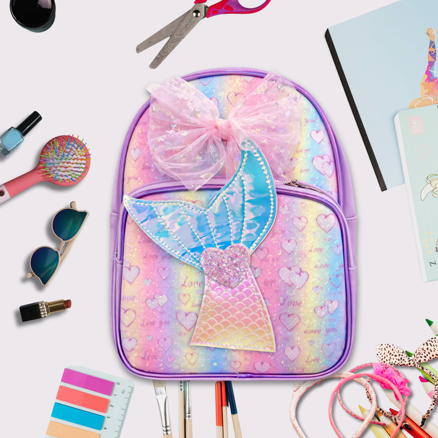 Girls Mermaid Backpack with Bow, Cute Pink School Bag for Kids, Glitter Tail Design, Lightweight Travel & Preschool Bag