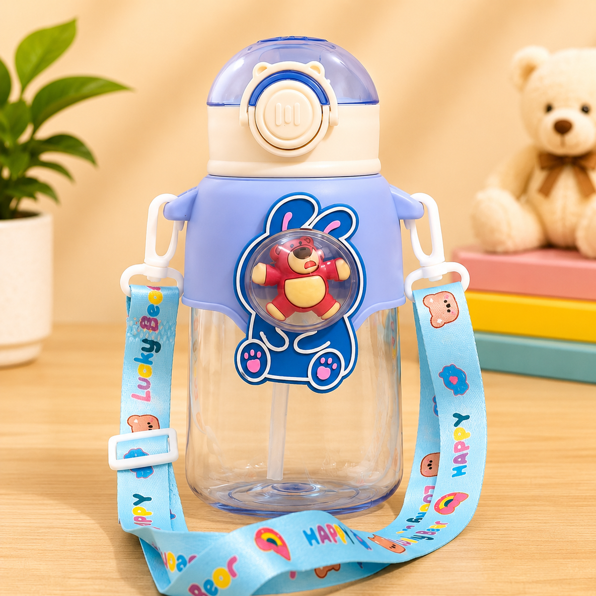 Transparent Bear Character Water Bottle with Carry Strap – Cute Reusable Drinking Bottle - 600ml