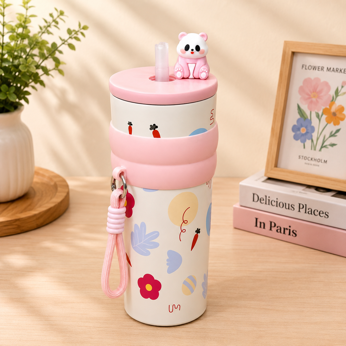 Cute Cartoon Water Bottle with Carrying Strap & Decorative Bear Lid | Reusable Drinking Bottle for All Ages | Stylish Portable Bottle