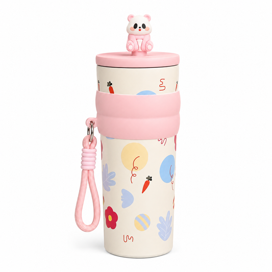 Cute Cartoon Water Bottle with Carrying Strap & Decorative Bear Lid | Reusable Drinking Bottle for All Ages | Stylish Portable Bottle