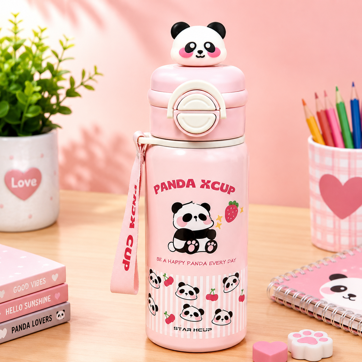 Vaidira Cute Panda Water Bottle | Leak-Proof | Flip Cap & Strap 600 ml Stainless Steel Sipper