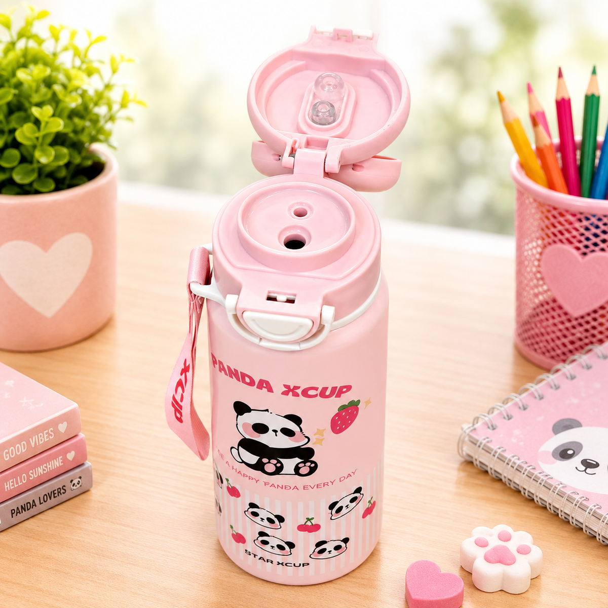 Vaidira Cute Panda Water Bottle | Leak-Proof | Flip Cap & Strap 600 ml Stainless Steel Sipper