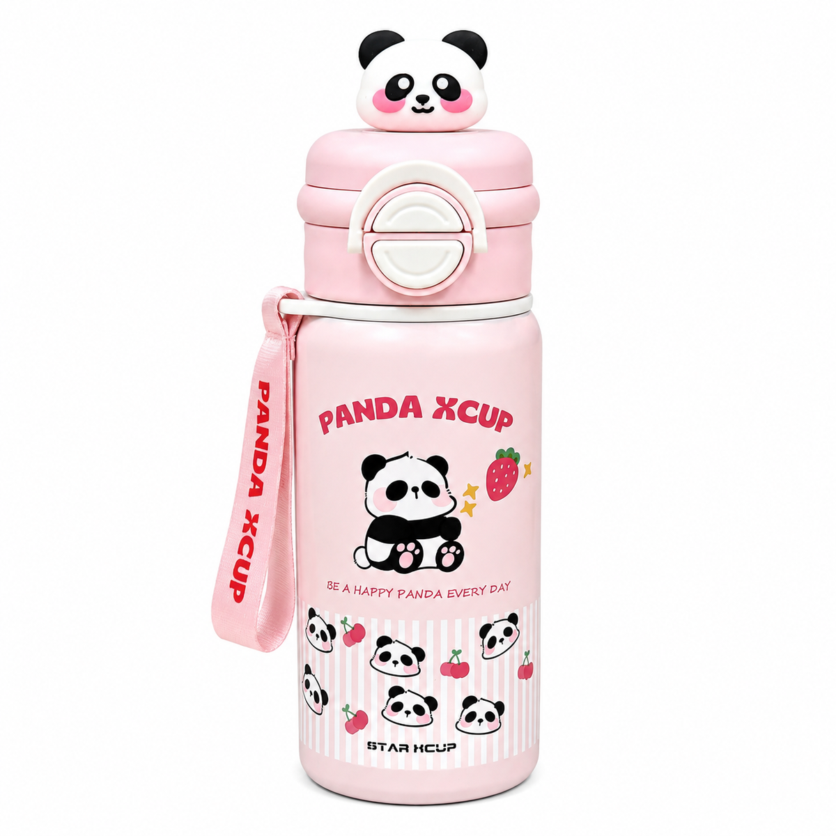Vaidira Cute Panda Water Bottle | Leak-Proof | Flip Cap & Strap 600 ml Stainless Steel Sipper