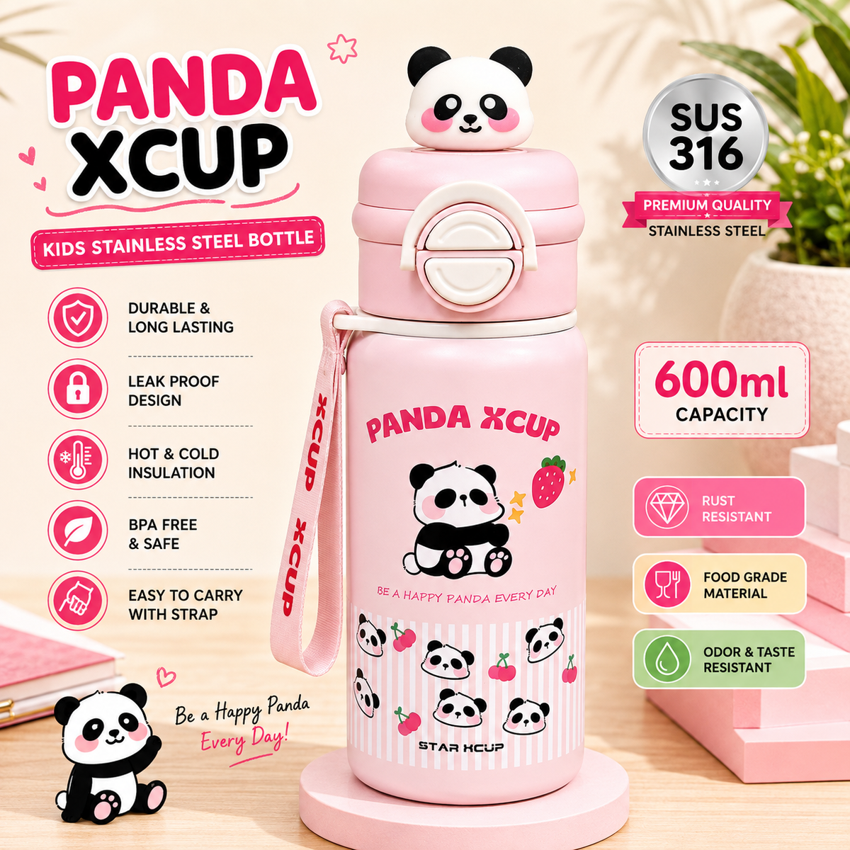 Vaidira Cute Panda Water Bottle | Leak-Proof | Flip Cap & Strap 600 ml Stainless Steel Sipper