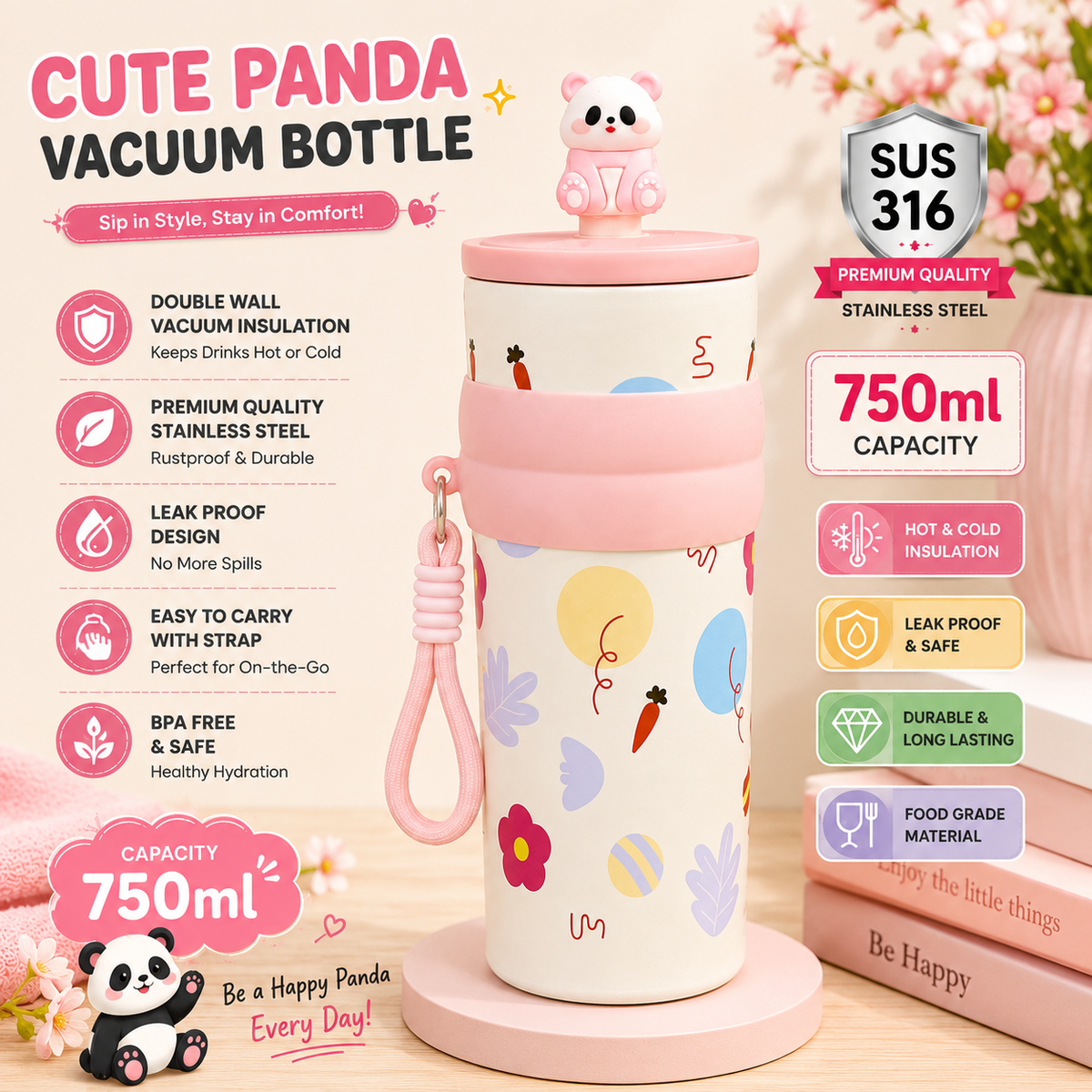 Cute Cartoon Water Bottle with Carrying Strap & Decorative Bear Lid | Reusable Drinking Bottle for All Ages | Stylish Portable Bottle