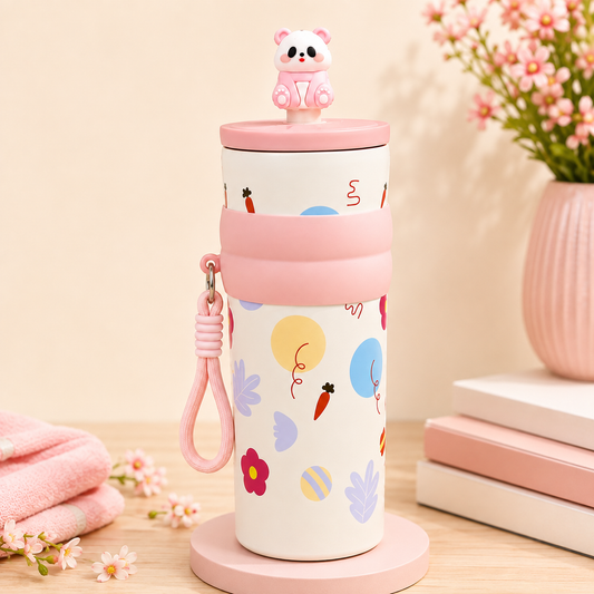 Cute Cartoon Water Bottle with Carrying Strap & Decorative Bear Lid | Reusable Drinking Bottle for All Ages | Stylish Portable Bottle