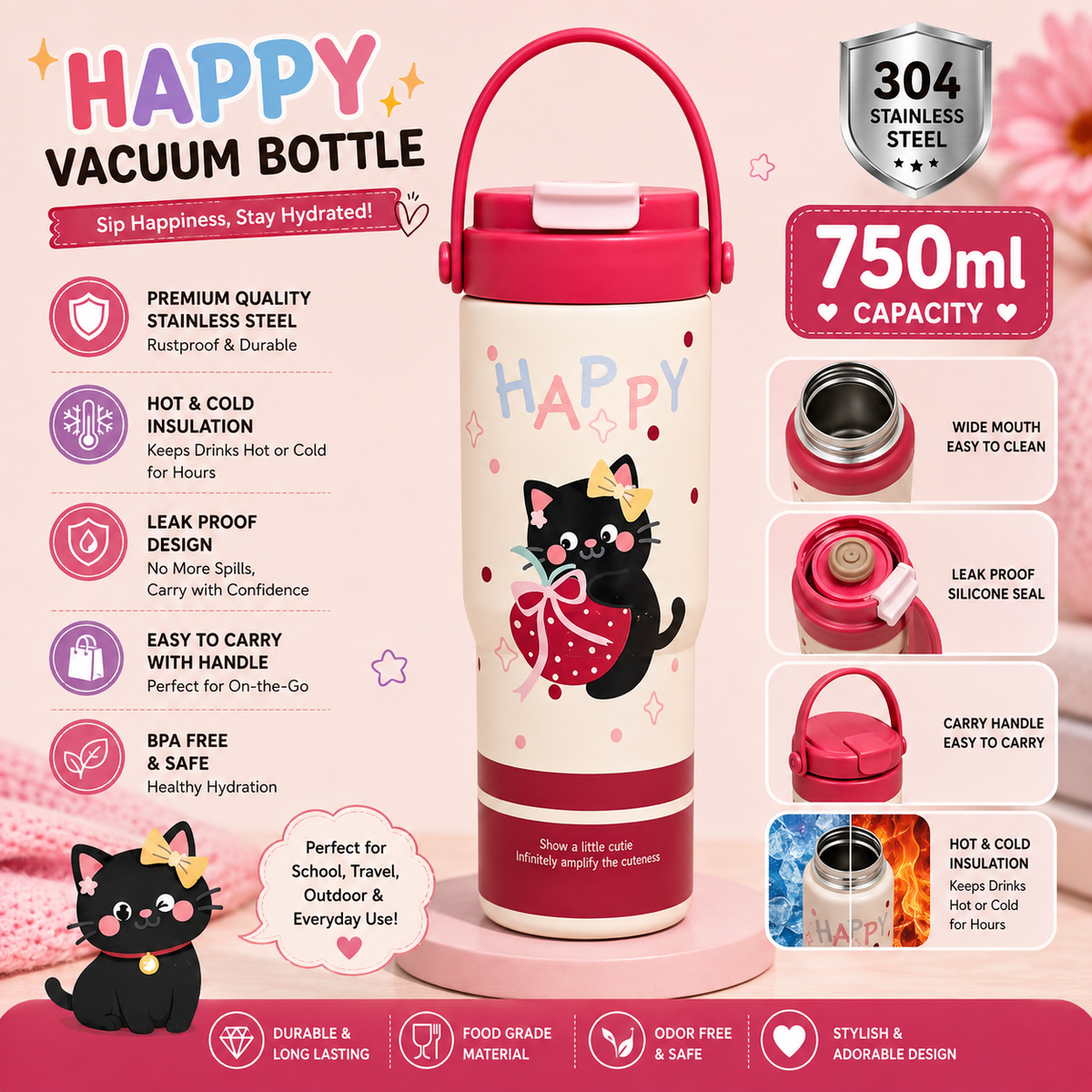 Korean-Style Printed Water Bottle with Carry Handle | Cute Character Design Reusable Drinking Bottle for Home, School, Office & Trave - 750ml