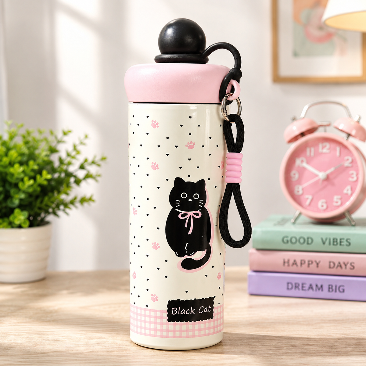 Korean-Inspired Character Water Bottle with Carry Strap | Reusable Printed Drinking Bottle for Everyday Use, School, Office & Travel - 600ml