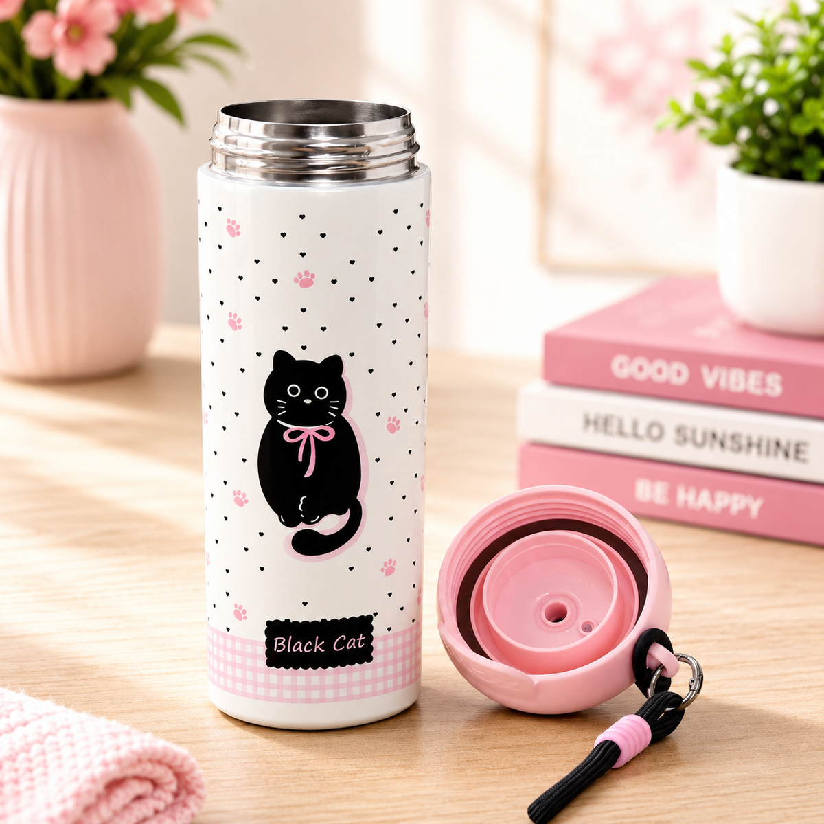 Korean-Inspired Character Water Bottle with Carry Strap | Reusable Printed Drinking Bottle for Everyday Use, School, Office & Travel - 600ml