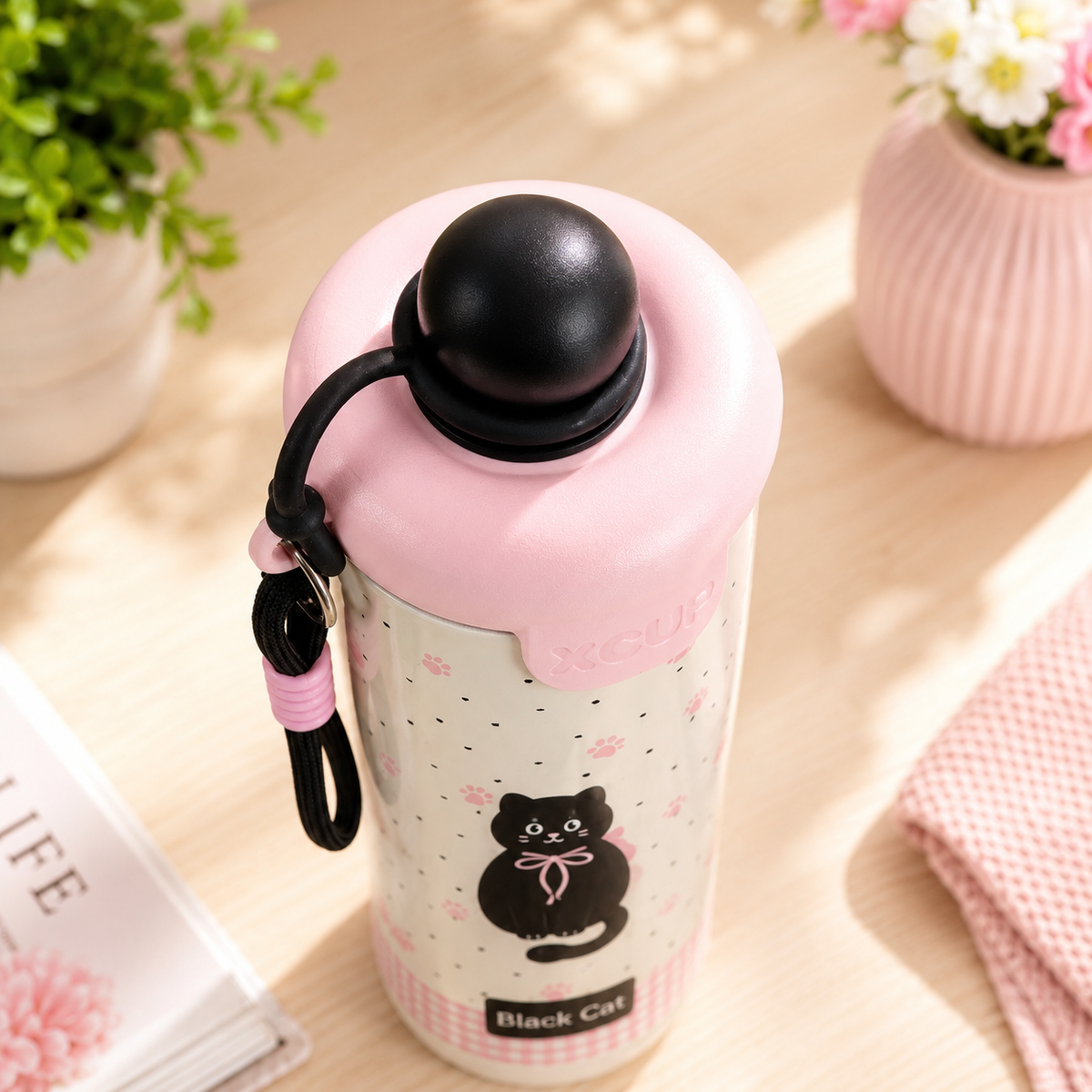 Korean-Inspired Character Water Bottle with Carry Strap | Reusable Printed Drinking Bottle for Everyday Use, School, Office & Travel - 600ml