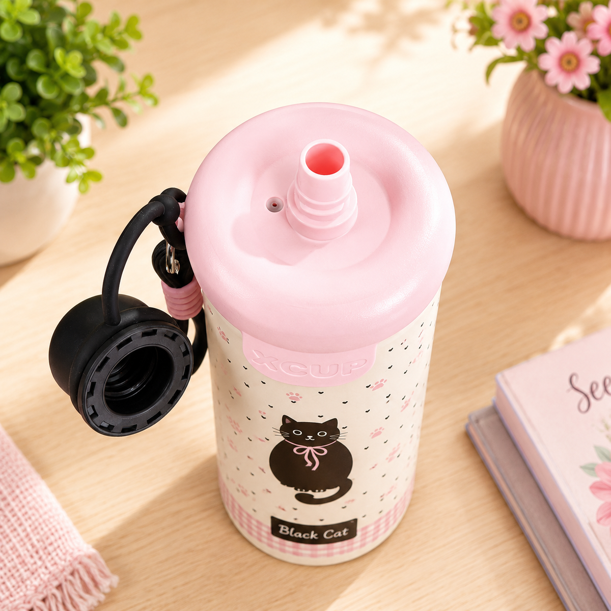 Korean-Inspired Character Water Bottle with Carry Strap | Reusable Printed Drinking Bottle for Everyday Use, School, Office & Travel - 600ml