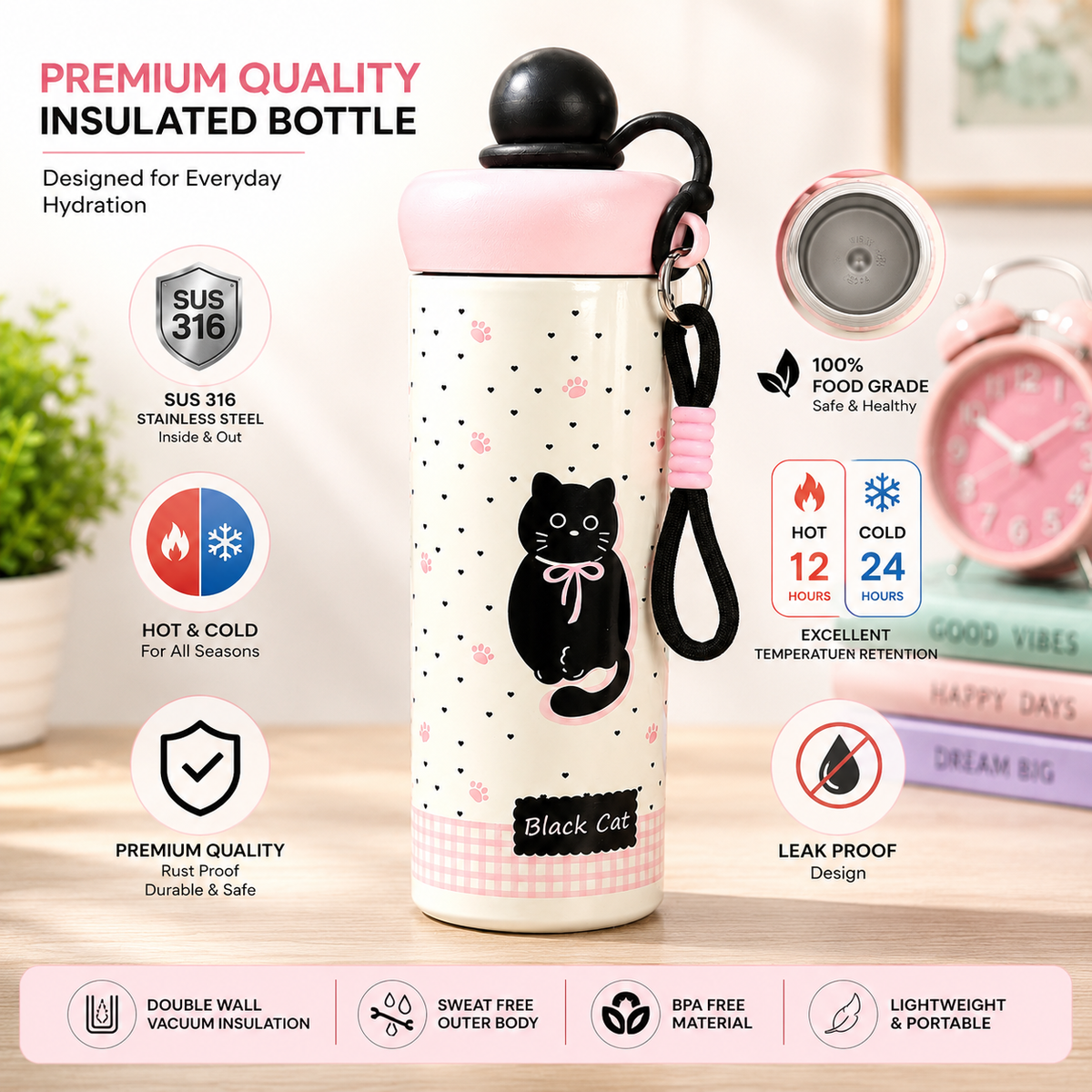 Korean-Inspired Character Water Bottle with Carry Strap | Reusable Printed Drinking Bottle for Everyday Use, School, Office & Travel - 600ml