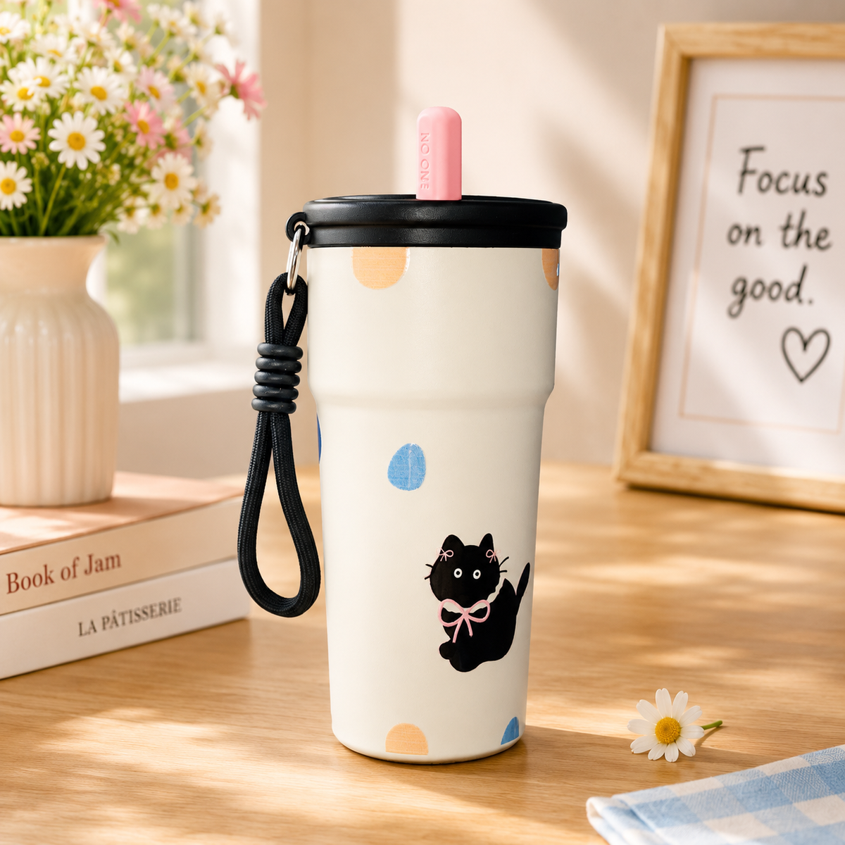 Cute Stainless Steel Water Bottle with Straw Lid & Carry Strap | Reusable Drinking Bottle for Kids, Girls & Adults | Multiple Designs