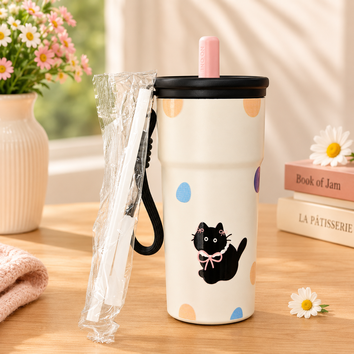 Cute Stainless Steel Water Bottle with Straw Lid & Carry Strap | Reusable Drinking Bottle for Kids, Girls & Adults | Multiple Designs
