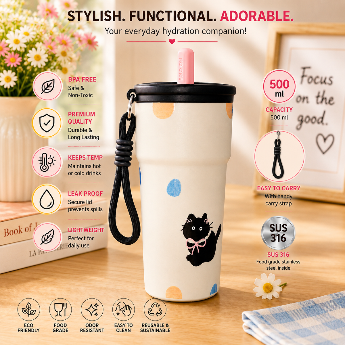 Cute Stainless Steel Water Bottle with Straw Lid & Carry Strap | Reusable Drinking Bottle for Kids, Girls & Adults | Multiple Designs