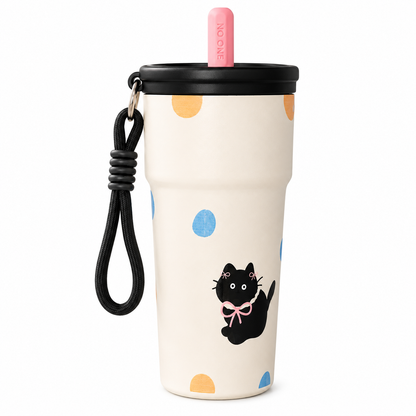 Cute Stainless Steel Water Bottle with Straw Lid & Carry Strap | Reusable Drinking Bottle for Kids, Girls & Adults | Multiple Designs