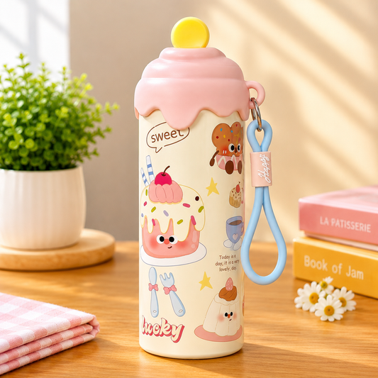 Cute Cartoon Water Bottle with Carrying Strap & Stylish Lid | Reusable Drinking Bottle for All Ages | School, Office, Travel & Daily Use