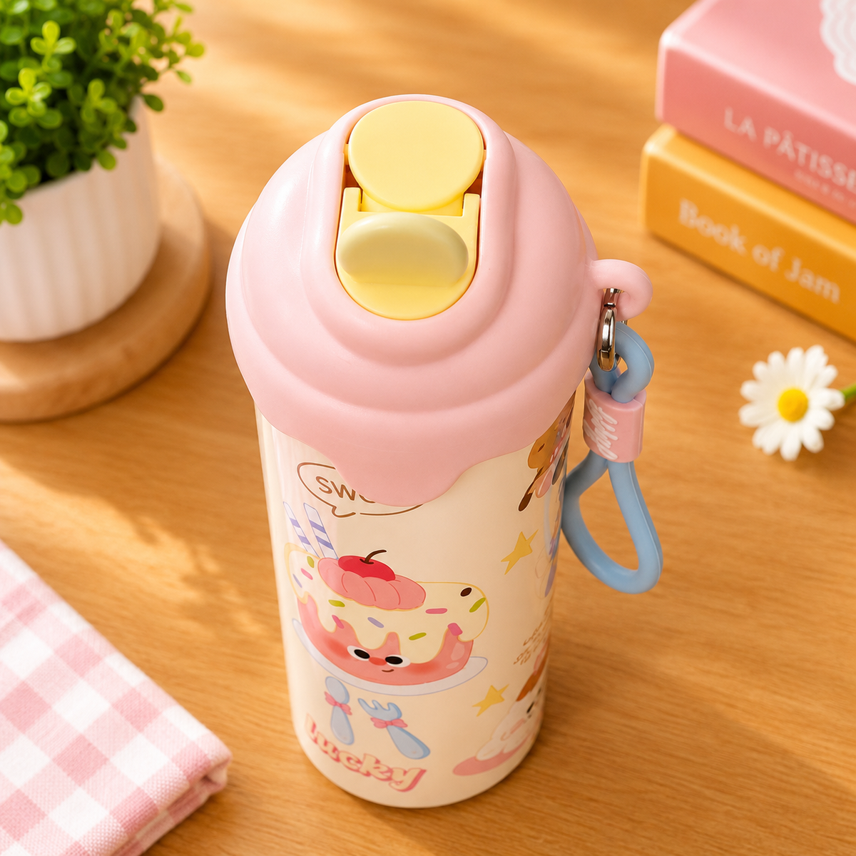 Cute Cartoon Water Bottle with Carrying Strap & Stylish Lid | Reusable Drinking Bottle for All Ages | School, Office, Travel & Daily Use